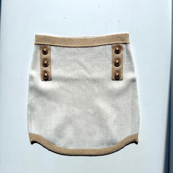 Authentic Balmain Off White Gold Ribbed Knit Mini Skirt  40 8 - Picture 1 of 7